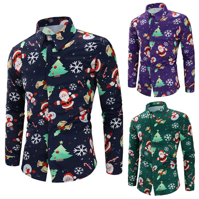 Fashion Shirts for Male Men Casual Snowflakes Santa Candy