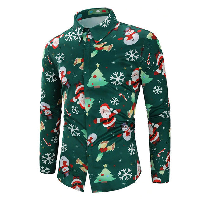 Fashion Shirts for Male Men Casual Snowflakes Santa Candy