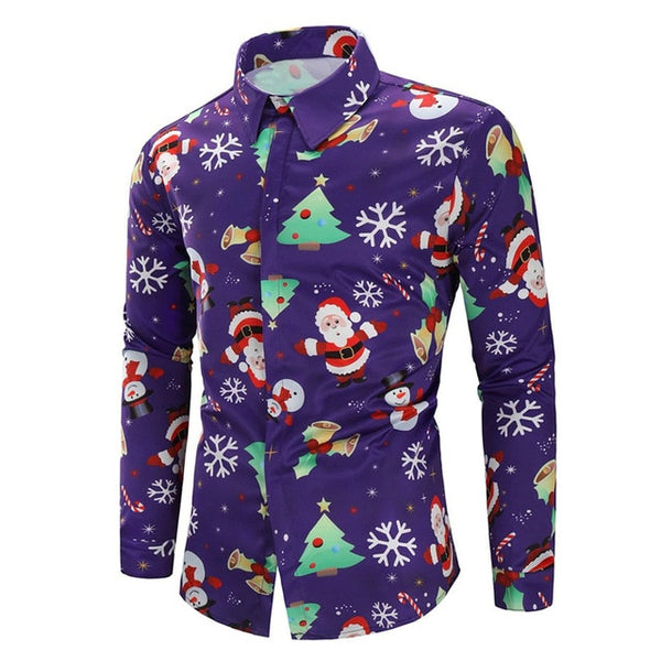 Fashion Shirts for Male Men Casual Snowflakes Santa Candy