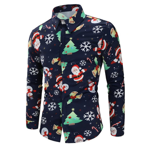Fashion Shirts for Male Men Casual Snowflakes Santa Candy