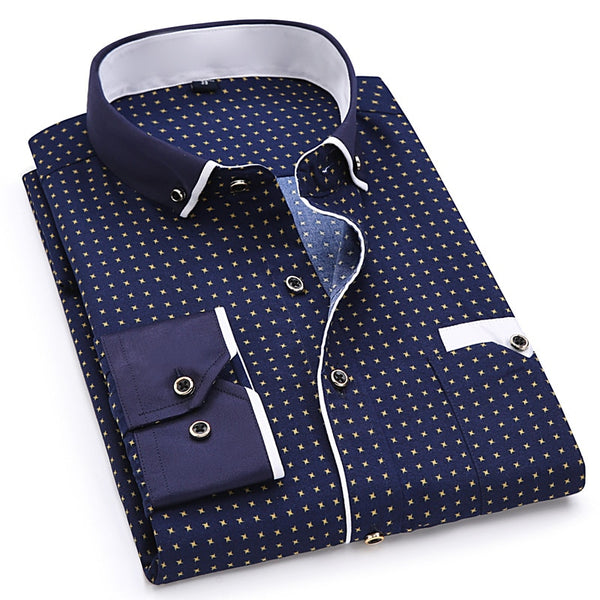 Fashion Print Casual Men Long Sleeve Shirt Stitching Fashion Pocket